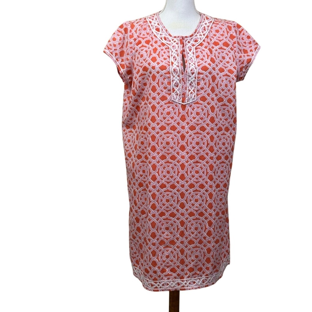 J. McLaughlin Coral White Geometric Print Cotton Shift Dress Size M, embroidered